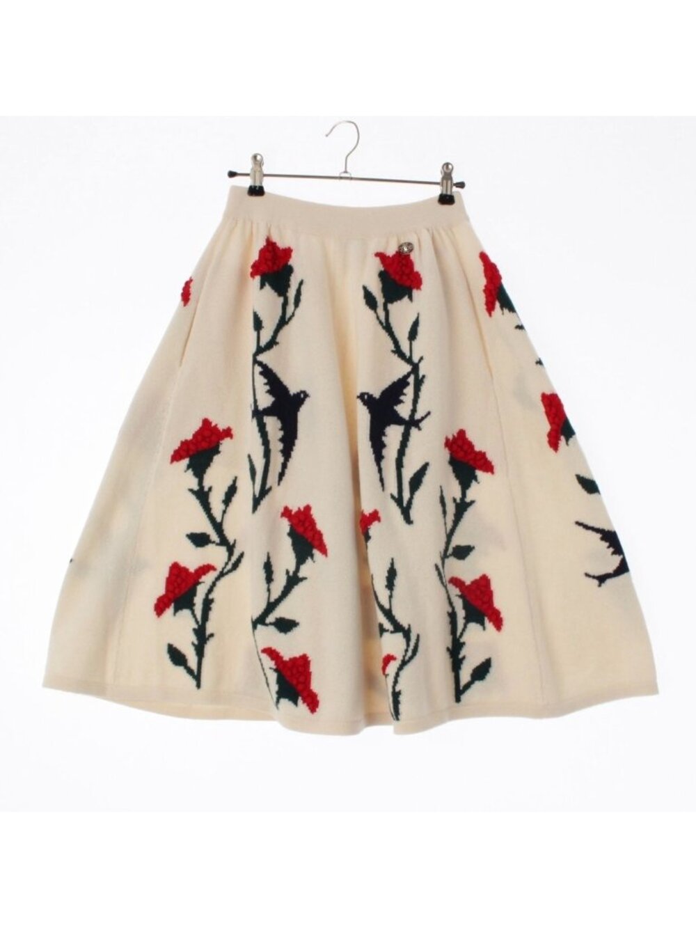 Chanel Blower Bird Motif Cashmere Knit Button Skirt Ivory Red 36